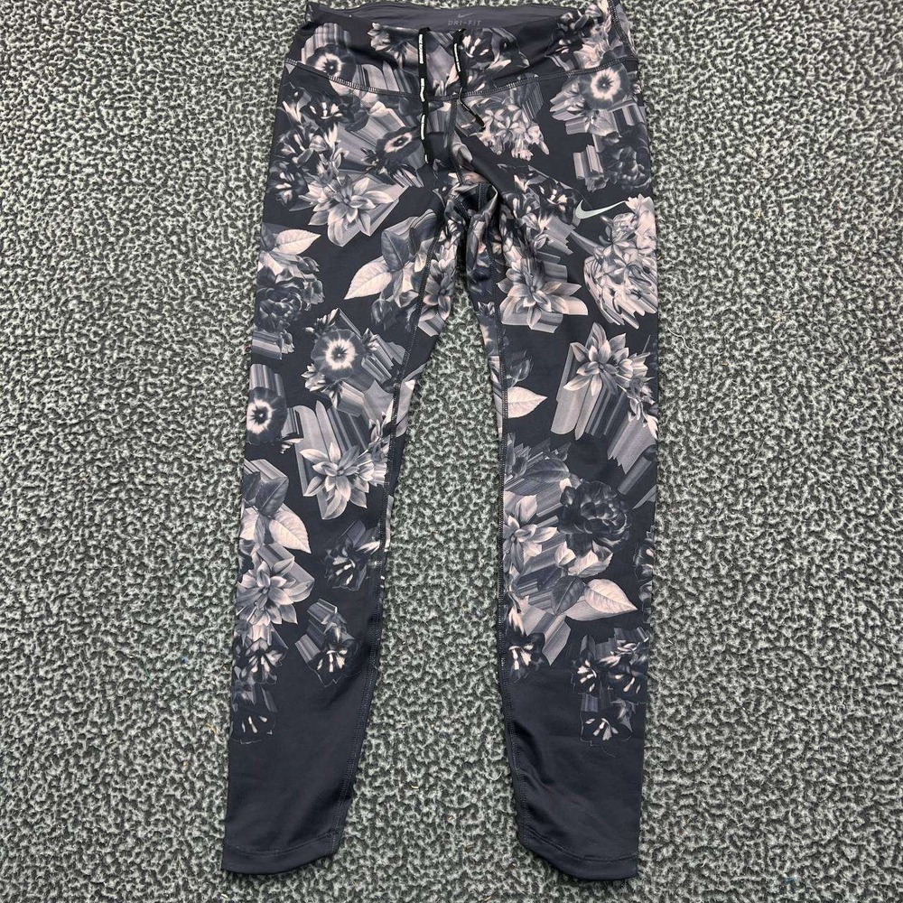 Nike Dri-Fit Running Leggings Womens Small Gray Floral Print Athletic Tights